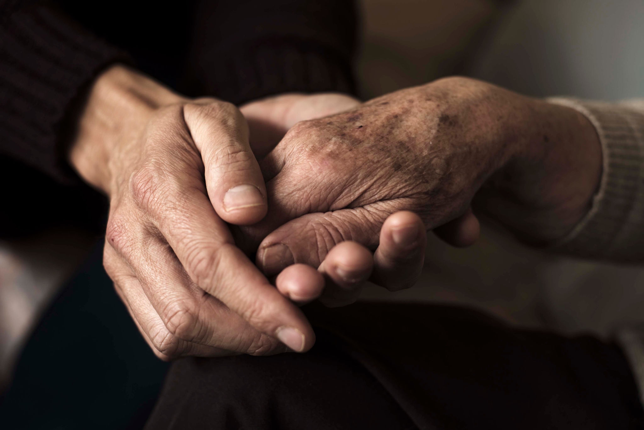 925224994 closeup of a young caucasian man holding the hand of an old caucasian woman with affection